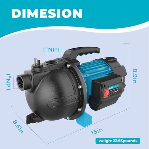 1.6HP Shallow Well Garden Pump, Water Transfer Pump, Home Lawn Draining Irrigation, Pressure Booster, Sprinkler, Jet, 1200GPH 115V Portable Cast Iron