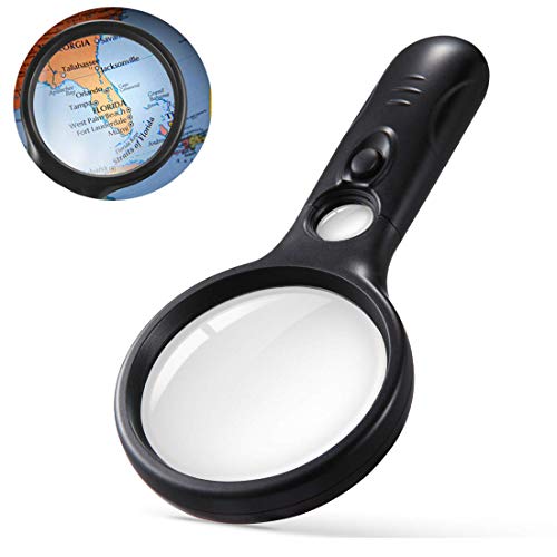 Magnifying Glass with Light 3X 45X Handheld Magnifier 3 LED Light Magnifying Glass for Reading Small Prints Reading Inspection Jewellery Hobbies Crafts (Black) - color: Black