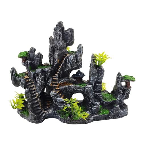 Aquarium Ornaments View Mountain,Fish Tank Decorations Resin Rock Landscape Artificial Stone Aquarium Decor with Plant Cave for Small Fish Shrimp