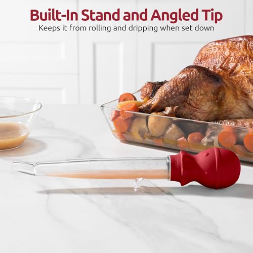 U-Taste 1.5oz Angled Turkey Baster - 228.2ºF Heat Resistant Food Grade Tritan and Silicone Large Octopus Bulb Baster Set with Cleaning Brush for Cooking Basting Meat Poultry Beef Chicken (Red) - color: Red