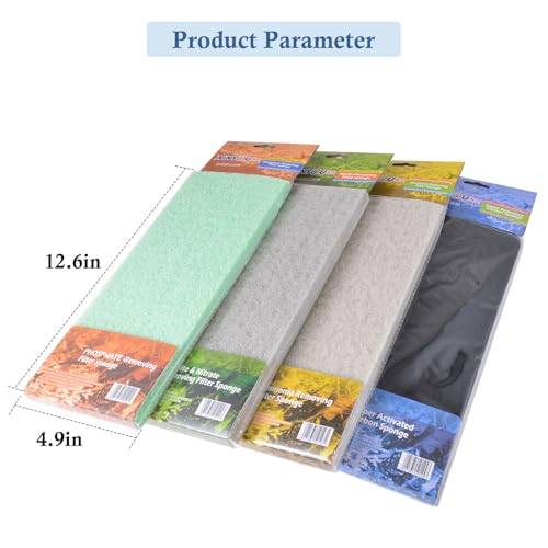 4-Pack Mixed Aquarium Filter Sponge, Cut-to-Fit Filter Media with Ammonia&Carbon&Phosphate Reducer, Aquarium Foam Floss for Fish Tank Sump Ponds (12.6" x 5" x 1'')