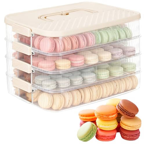 4-Layer Stackable Cookie Airtight Storage Containers with Lids, Portable Plastic Cookie Storage Case Snack Containers for Desserts, Cupcakes, Snacks, Dumplings, Fruit- Beige Lid