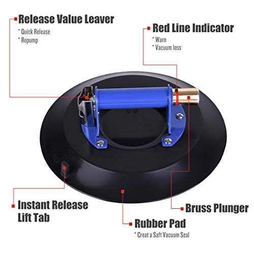 IMT 12" Strong Glass Suction Cup Vacuum Glass Lifter with Metal Handle and Brass Pump, Heavy Duty Industrial Suction Plate for Granite & Glass Lifting Car Window Replacement - size: 12"
