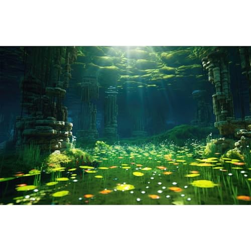 Under The Sea Aquarium Background Underwater Cave Ruins Fish Tank Background Aquatic Seagrass Coral Reefs Submerged Rock Column Terrarium Backgrounds Underwater City Reptile Backgrounds 24x12in - color: Blue_Green, size: 24(W)x12(H)in