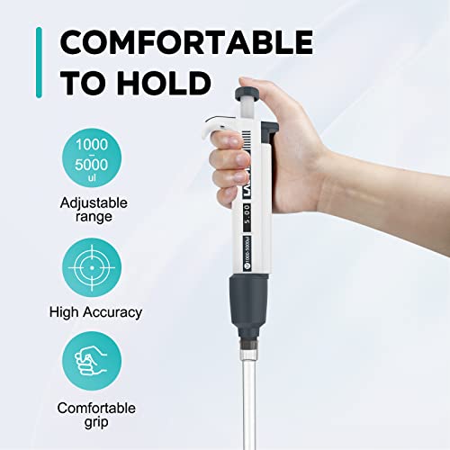 LAB FISH Laboratory Micropipette 1000-5000ul Capacity Range High Accurate Single Channel Pipettor Manual Adjustable Volume Pipettes Increment 50ul with 40pcs 5000ul Pipette Tips Set - style: 1000-5000ul Set