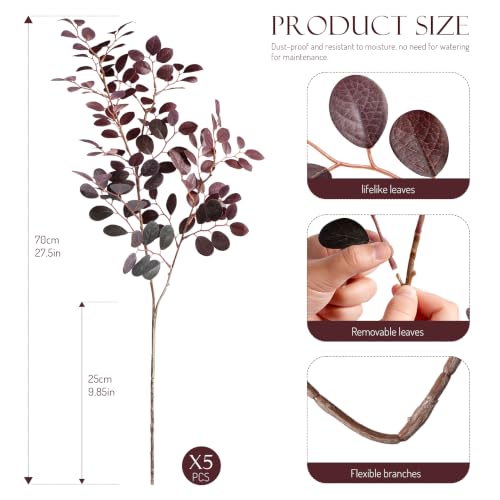 Artificial Eucalyptus Stems Eucalyptus Leaves （5Pcs，Purple，27.5''） | Greenery Stems Fake Leaves Fake Plants Artificial Plants Indoor Silk Greenery Applicable to Indoor Home Decor Farmhouse Decor - color: Purple-yjl5