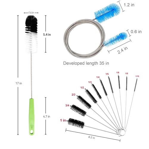 Set of 12 Tube Pipe Cleaners Kit - for Cleaning Narrow Neck Bottle, Curved Glass Tube, Hard-to-Reach Crevices,17” Long Handle Brush,8.2” Multi-Diameters Brushes,35” Flexible Dual-Head Cleaner