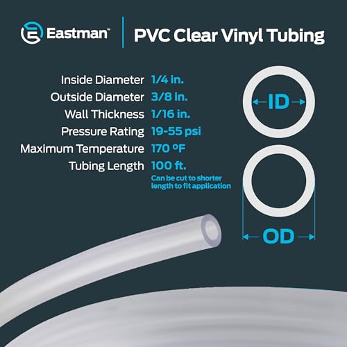 Eastman 1/4 Inch ID (3/8 Inch OD) PVC Clear Vinyl Tubing, 100 Foot Length, 98618 - size: 1/4 in. ID x 3/8 in. OD, style: 100 Ft.