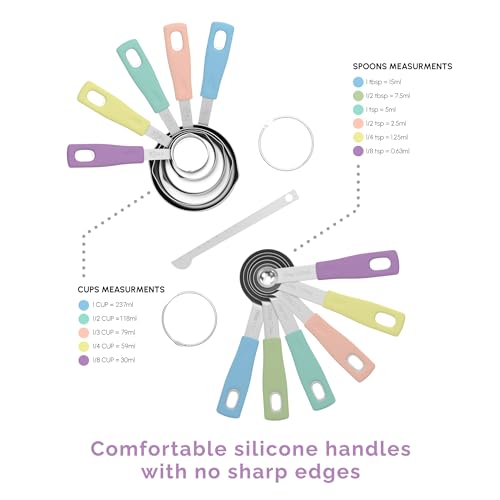 CuttleLab Measuring Cups and Measuring Spoons Set of 14 - Stainless Steel Measuring Cups and Spoons Set, Includes 1/8 Teaspoon Measuring Spoon, 1/8 Cup Measuring Cup, Leveler Dry (14,Cotton Candy) - color: Cotton Candy