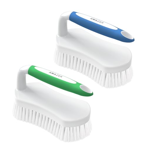 Amazer Scrub Brush for Cleaning Comfort Grip Shower Scrubber Flexible Stiff Bristles with Handle Heavy Duty Cleaner Brush for Tub Sink Carpet Floor - Pack of 2 (Blue+Green) - color: Blue+green