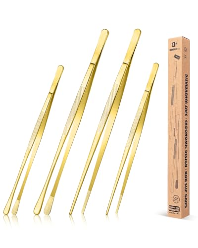 4 Pcs Fine Long Tweezer Tongs Professional Gold, 12'' and 10'' Stainless Steel for Kitchen, Food, Cooking, Repairing, Sea food and BBQ - color: Gold
