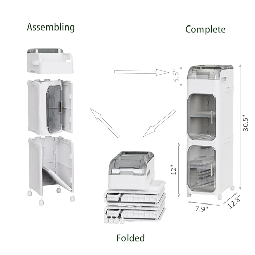 BINSIO 3-Tiers Toilet Paper Storage, Slim Bathroom Organizers and Storage, Bathroom Counter Organizer, Foldable Organizer Storage Cabinet, Portable Laundry Room Organization, Plastic White Clear Doors - size: 3 Tiers
