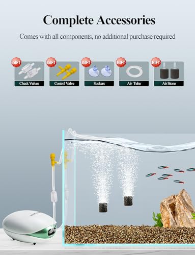 boxtech Aquarium Air Pump,Oxygen Fish Air Pump with Adjustable Air Valve, Fish Tank Air Pump with Accessories Tube, Bubble Stone and Check Valve, Fish Tank Aerator Kit - style: 2 Outlets,10-60 Gallon