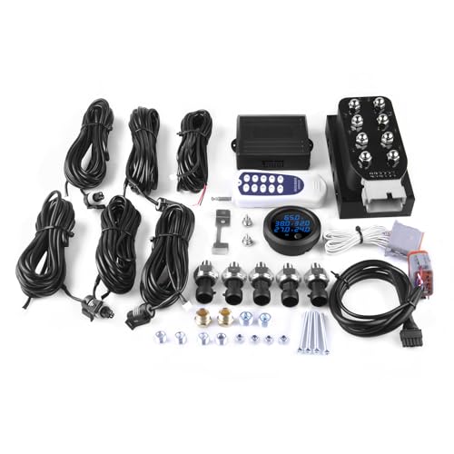 12V Solenoid Valve Air Ride Suspension manifold 8-Valve With 10-Button Wireless Remote Controller, equipped with Five Display Air Pressure Gauge Blue - color: Blue Gauge