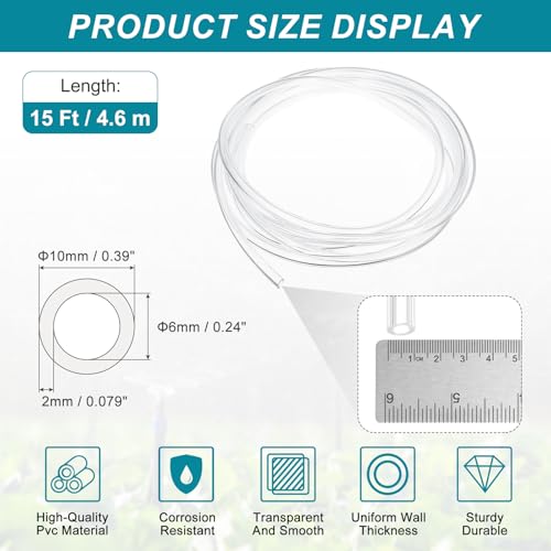 uxcell 1/4 Inch Clear PVC Tubing, 6mm ID x 10mm OD - 15ft PVC Tube Lightweight Vinyl Hose, Transparent Flexible Plastic Water Tubing for Air Oil Water Transfer Aquarium Irrigation - size: 6mm ID x 10mm OD