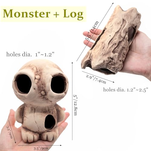 M2cbridge Aquarium Ceramic Cave Rock for Betta Shrimp Cichlid Fish Hideout Decor (Monster + Log) - color: Monster + Log