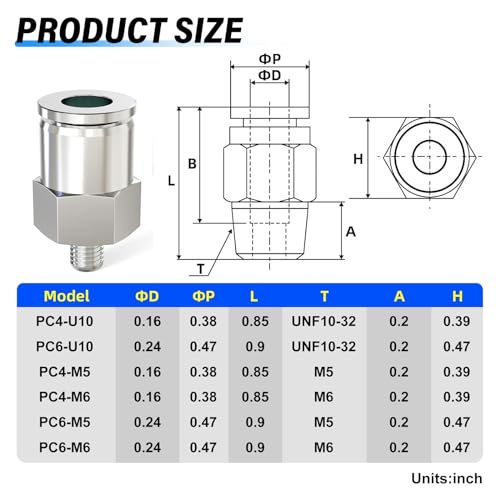 TAILONZ PNEUMATIC 304 Stainless Steel Male Straight 6MM Tube OD x 10-32 Inch UNF Thread Push to Connect Fittings PC6-U10 (Pack of 2) - size: 6mm OD X UNF10-32