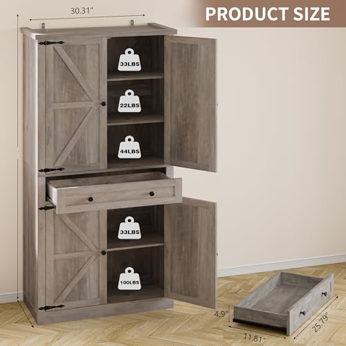 BORNOON Pantry Organizers and Storage Cabinet, 67.7” Barn Door White Kitchen Cabinet with Drawers and Adjustable Shelf, Tall Pantry for Kitchen, Dining Room, Living Room Bedroom - color: Wood, size: Single Drawer