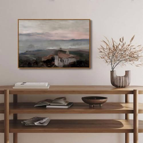 OIQArtOIQ Vintage Landscape Canvas Wall Art Framed Natural Scenery Painting Artwork Prints France Country Wilderness Farmhouse Decor Pictures Kitchen Bedroom Living Room Bathroom - color: Coastal Town, size: 24x36 in