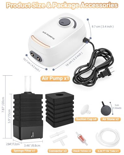 3W/6W Aquarium Air Pump, Adjustable Aquarium Aerator with 2-Outlet, Super-Powerful & Quiet Oxygen Pump for Fish Tanks up to 100/200 Gallon with Full Accessories.(Upgrade Noise-Reduce) - style: AR-10 NEW Pump+Sponge Filter-L