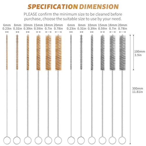 12-Pieces Brass Wire Brush Stainless Steel Wire Brush Set 12" Long Pipe Cleaners Parts Cleaning Brush Metal Brush for Cleaning Tubes, Cylinders, Bottle, Auto Parts (6mm/8mm/10mm/15mm/18mm/20mm)