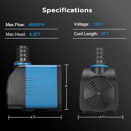 TONGCHANT Submersible Pump, 480GPH & 8.2ft Lift | 35W Adjustable Flow Fountain Pump for Small Pond Fish Tank & Aquarium, 3 Nozzles(1/2", 5/8" & 3/4"), Fish Safe & Ultra Quiet Operation, ETL Listed - size: 480GPH