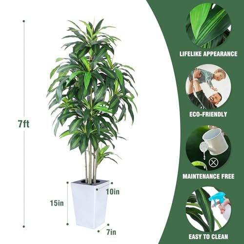 Artificial Dracaena Tree with White Tall Planter, 7ft Tall Potted Artificial Dracaena Silk Plant, Fake Yucca Tree Plant, Home Office Floor Room Decor Plants Indoor Outdoor, Housewarming Gift - color: Dracaena Plant 7ft