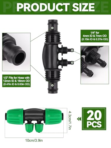 Kalolary 20PCS Locked Barbed Tee Connectors, 1/2" to 1/4" Drip Irrigation Fittings Kit 12/16mm to 4/7mm Tube Lock Female Connector 4-Way Barbed Lock Irrigation Parts for Watering System (Green) - color: Green 1/2" to 1/4" 4-Way