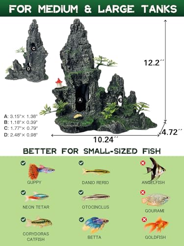 Aquarium Decor - Tall and Large Mountain Rock Ornament with Red Tower for Fish Tank,Aquarium Hideout with Rock Texture for Betta,Guppy,Shrimp-Safe Aquatic Decoration, Fish Hiding House - color: Large Peak Rock - Red Tower