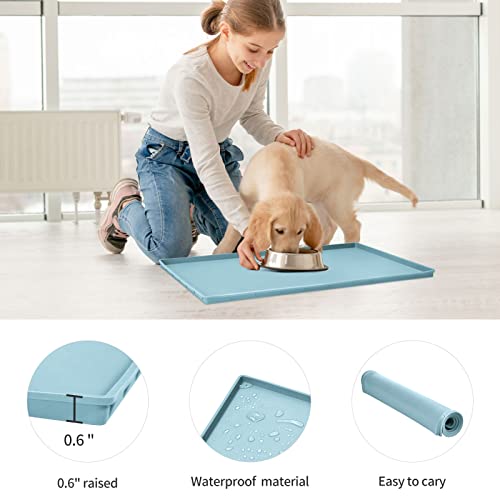Dog Food Mat,Silicone Waterproof Food Tray,Non Slip Pet Bowl Mats Placemat,0.6" Raised Edge,Suitable for Most Small and Medium Sized Pets,18.5" x 11.5" - color: Battleship, size: 18.5" x 11.5"