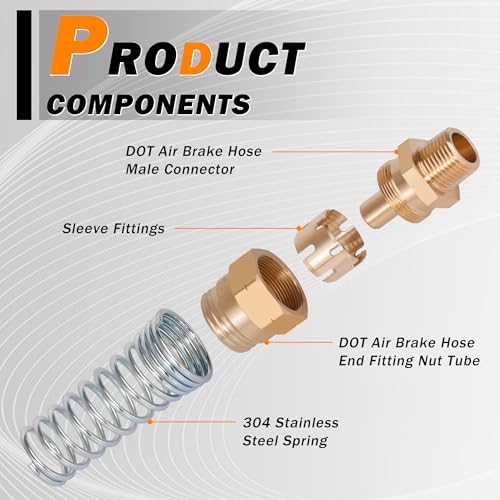 3/8” Hose x 1/2” Male Connector with Spring Guard, 4 Pack Brass DOT Air Brake Hose End Fitting with 8 Pack 3/8”Sleeve Tube - size: 3/8" Hose x 1/2" Male, style: 4pcs Connector with Spring Guard
