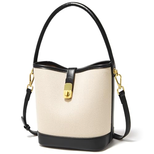 FOXLOVER Coated Canvas Bucket Crossbody Bags for Women Top-Handle Handbags Small Satchel Purse Trendy Twist Lock - color: Black