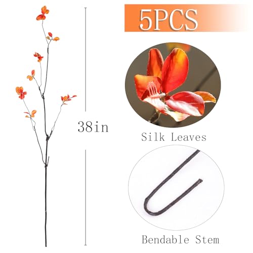 mizii Fall Decor 5pcs Artificial Greenery Stems 38in Realistic Faux Ficus Branches Long Stem with Leaves Fake Plants Branches Fall Decoration for Vase Table Centerpieces Home Indoor Decor (Fall) - color: Fall