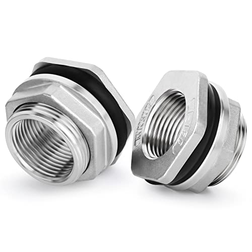 TAISHER 2PCS 304 Stainless Steel 1/2'' FPT Bulkhead Tank Connector Adapter Fitting with Gasket for Water Tank, Bathtub and Sink - size: 1/2"(304 Stainless Steel) with Gasket