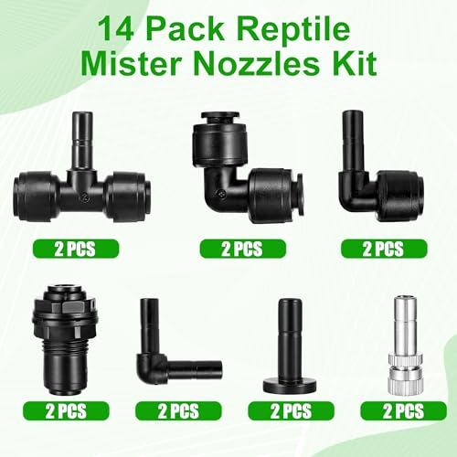 14 Pack 1/4" Single-Head Reptile Mister System Reptile Mister Nozzle Kit,360 Degree Adjustable 1/4 Misting Nozzle Parts Quick Connect Fittings for Aquarium,Vivarium,Plants, Amphibians - size: Single-Head*2