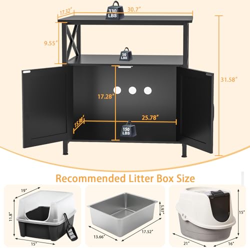 GDLF 20-29 Gallon Cat Fish Tank Stand with Cat Litter Box Enclosure Furniture, Aquarium Terrarium Stand with Shelf Storage,30.7" Lx 17.32" W Tabletop, 330 lbs Capacity, Black - size: 20-29 gallon