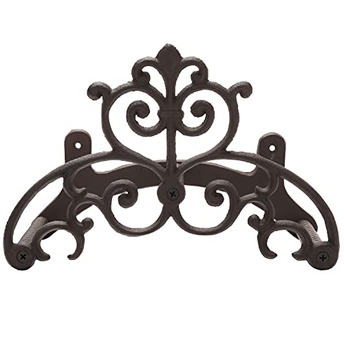 MyGift Brown Heavy Duty Cast Iron Outdoor Garden Hose Hanger Wall Mounted Water Hose Holder Reel with Vintage Scrollwork Design - style: Vintage Scrollwork