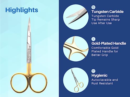 ARTMAN INSTRUMENTS Scissors 4.5 inches Curved with Tungsten Carbide Inserts| Gold Plated Handle Extra Sharp and Durable