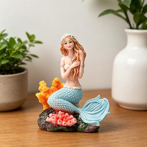 Rayberro 5.91" Mermaid Figurine Resin Mermaid Sculpture Mediterranean Princess Statue Home Office Desktop Ornaments Bookshelf Decor Mermaid Collectible Crafts Fish Tank Aquarium Decoration - color: Blue Sitting2