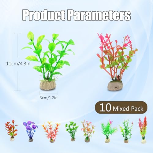 10Pcs Aquarium Artificial Plastic Plants, Colorful Fake Fish Tank Decorations with Ceramic Base, Realistic Aquarium Plants Suitable for Aquarium Landscape and Fish Hideout (Multi-Color) - color: Multi-color