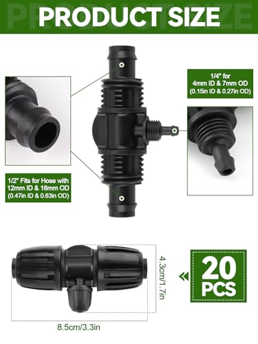Kalolary 20PCS Locked Barbed Tee Connectors, 1/2” to 1/4” Drip Irrigation Fittings Kit 12/16mm to 4/7mm Tube Lock Female Connector 3-Way Barbed Lock Irrigation Parts for Watering System (Black) - color: Black 1/2" to 1/4" 3-Way