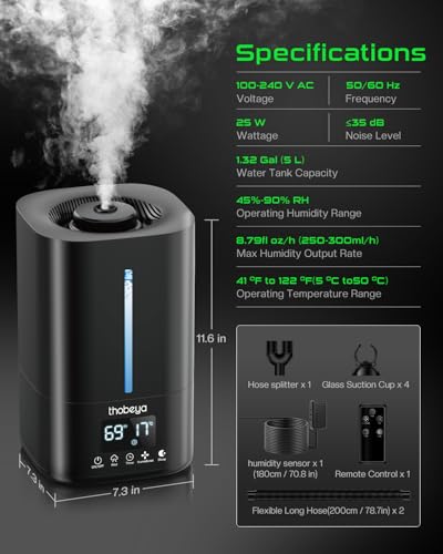 1.32 Gal / 5L Reptile Fogger Humidifier, with Remote & Timer, with Precise Humidity Control, Terrarium Humidifier Suitable for indoor Plants, Grow Tent, Greenhouse, Reptiles & Amphibians (Dual Hose)