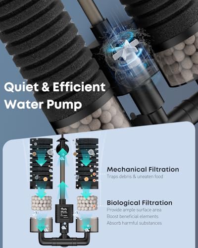 Pawfly Aquarium Sponge Filter, 5 W Submersible Small Aquarium Filter, 80 GPH Fish Tank Filter with Water Pump, Ceramic Balls & Double Foams, Quiet Bio Sponge Filter for 15-55 Gallon Tanks - size: M (For 15-55 Gallon)