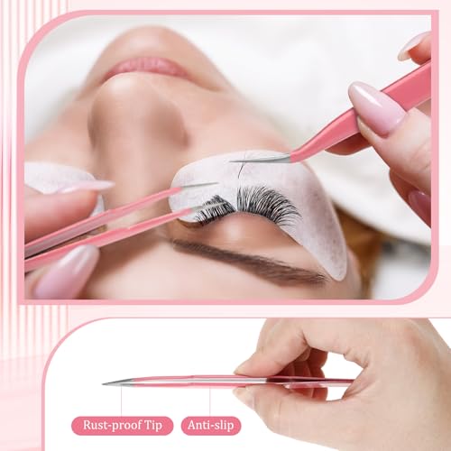 Honoson 9 Pieces Curved Pointed Craft Tweezers Stainless Steel Precision Tweezer with Protective Cover for Rhinestones Dried Flowers Craft Stickers Eyelash Extension Jewelry Making(Pink) - color: Pink