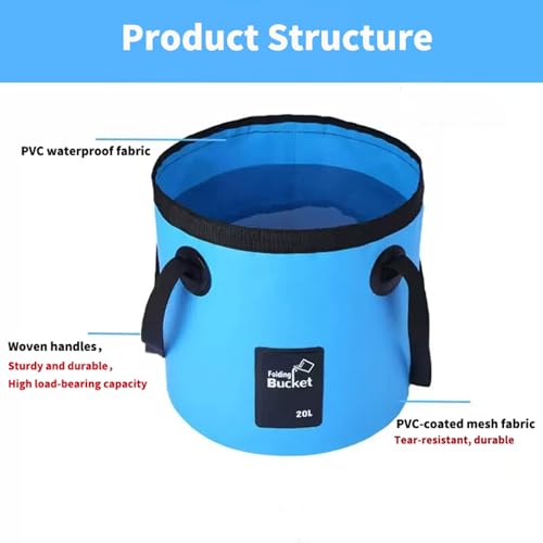 3 Pcs 20L (5-Gallon) Collapsible Bucket Set,Foldable PVC Bucket with Handles for Camping, Hiking, Fishing, Car Washing and Outdoors (Black, Orange, Blue)