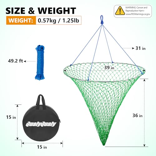 QualyQualy Large Bridge and Pier Fishing Net 32''/39'' Hoop, Foldable Drop Net Pier Fishing for Saltwater with Rope, Landing Net with Nylon Mesh, Collapsible Soft Steel Ring - color: Green, size: L: 39''×36''