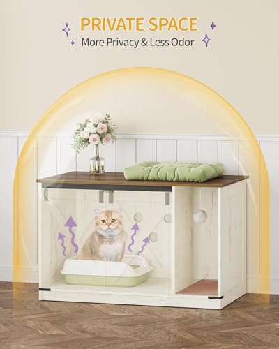 Hzuaneri Cat Litter Box Enclosure, Hidden Litter Box Cabinet Furniture with Bell, Indoor Cats House, Farmhouse Style, 39.4 x 21.7X 24.8 Inches for Hallway, Bedroom, Rustic Brown and White CB85214X - color: Rustic Brown and White, size: 39.4"L x 21.7"W x 2