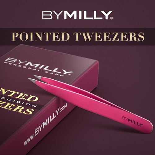 Pointed Tweezers | High Carbon Stainless Steel Needle Nose | Fine Point Precision Hair Removal | Perfectly Aligned & Hand-Filed Sharp | Pink - color: Pink
