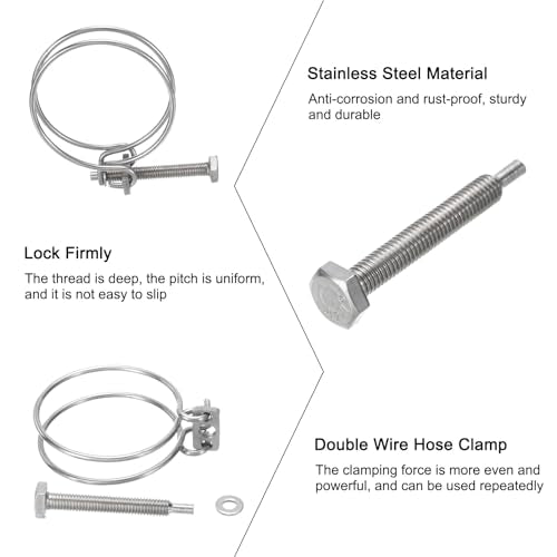 uxcell 6Pcs Double Wire Hose Clamp, 58-65mm Adjustable Stainless Steel Wire Hose Clips with M8 Bolt for Dust Collection Hose, Pump Hose Pipe - size: 58-65mm