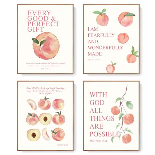 LARTSFRO Coquette Pink Peach Fruits Wall Art Decor Posters, Cute Pink Peach Christian Room Bathroom Bedroom Dorm Wall Art Decor Aesthetic for College Teen Girls Gifts, Inspirational Bible Verses Wall Decor, 10x8 Inch Set of 4 Pcs Fruits Pictures (UNFRAMED